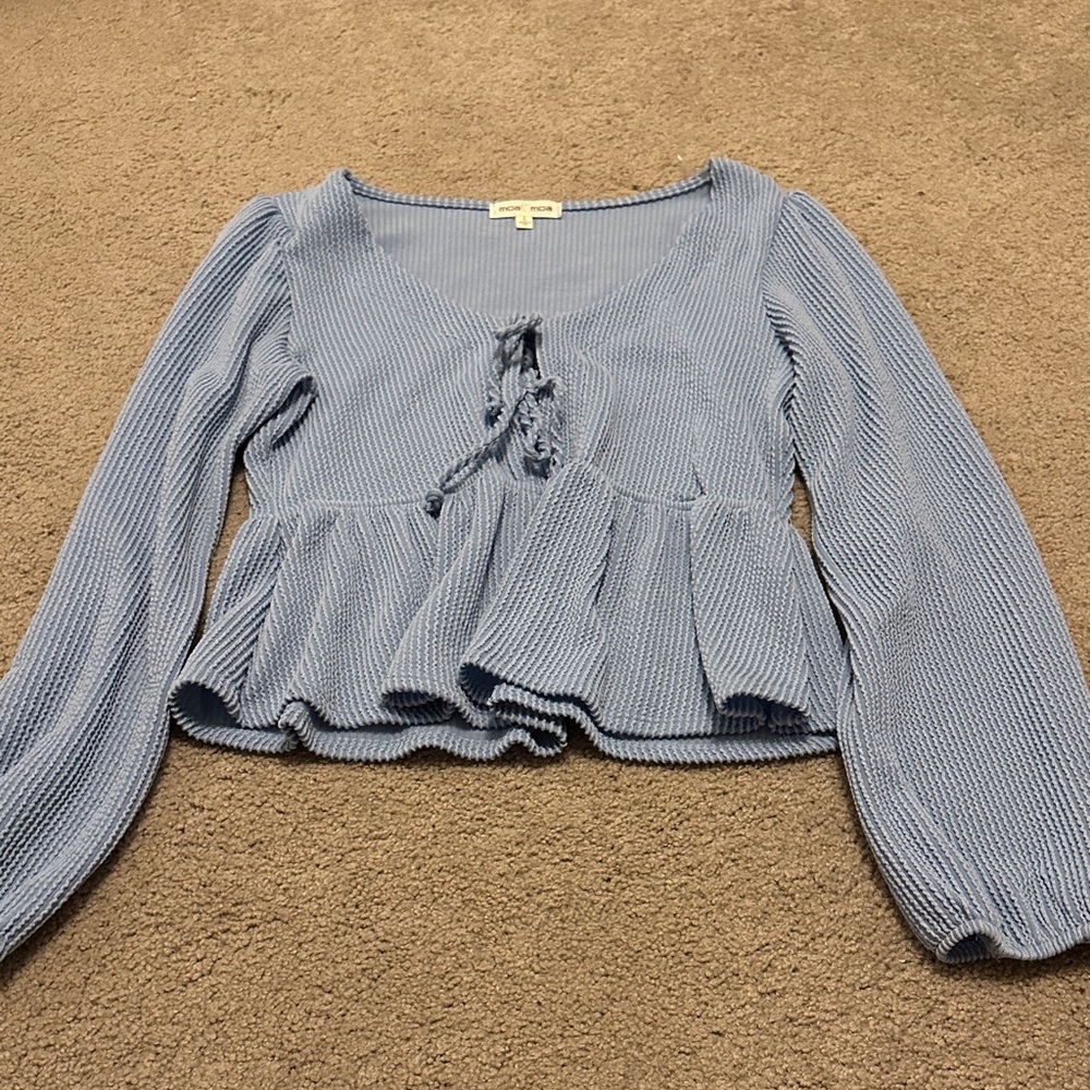 Moa Moa Light Blue Ribbed Peplum Blouse